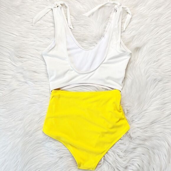 SHEIN Ribbed Cut Out One Piece Bathing Suit White & Yellow Small - Picture 3 of 5